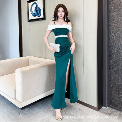 Cold-Shoulder Two-Tone Bow Slit Asymmetrical Mermaid Evening Gown