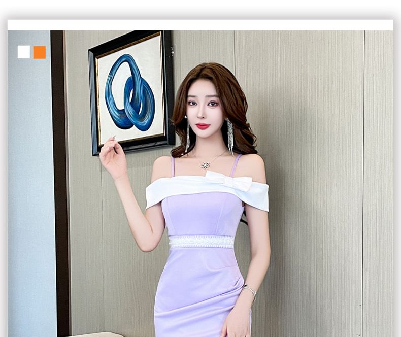 Cold-Shoulder Two-Tone Bow Slit Asymmetrical Mermaid Evening Gown