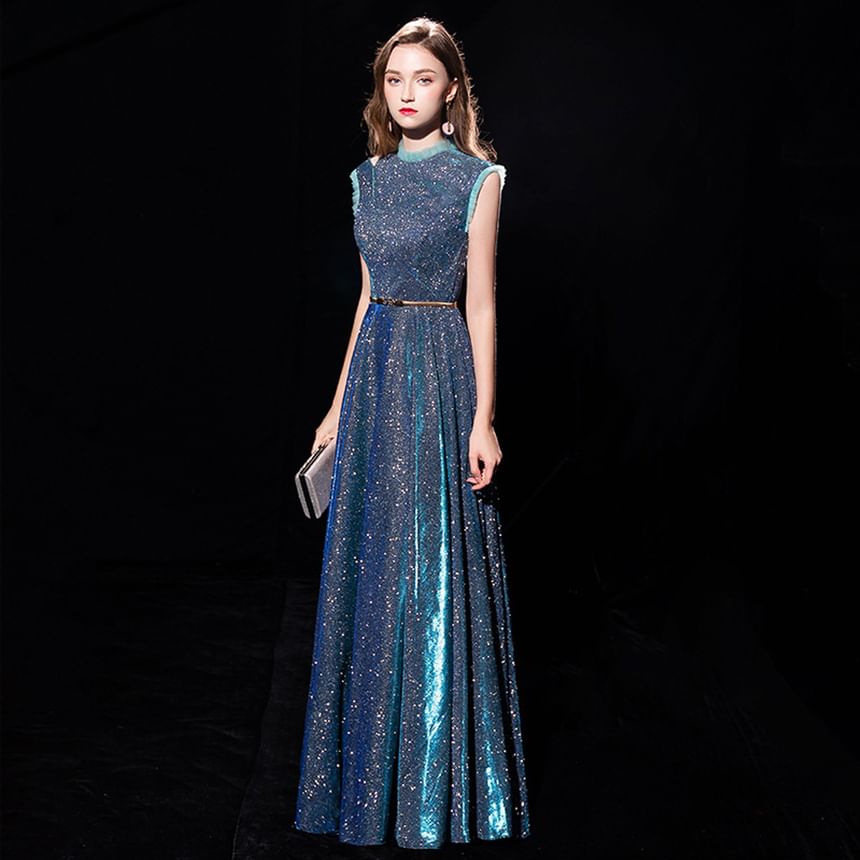 Sleeveless Glitter Ruffle Trim A-Line Evening Gown