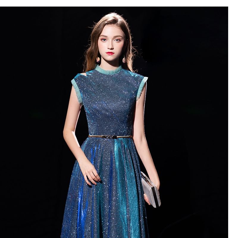 Sleeveless Glitter Ruffle Trim A-Line Evening Gown