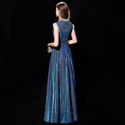 Sleeveless Glitter Ruffle Trim A-Line Evening Gown