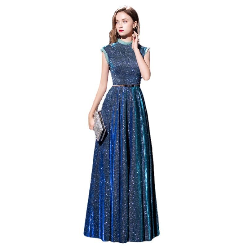 Sleeveless Glitter Ruffle Trim A-Line Evening Gown