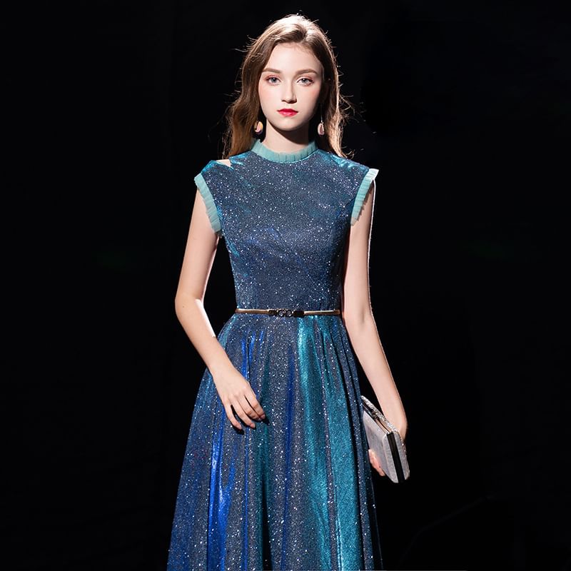 Sleeveless Glitter Ruffle Trim A-Line Evening Gown