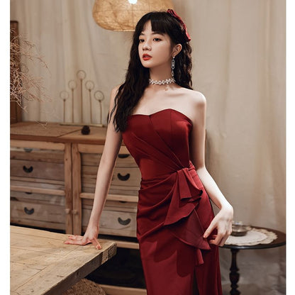 Strapless Asymmetrical Plain Ruffled Slit A-Line Evening Gown