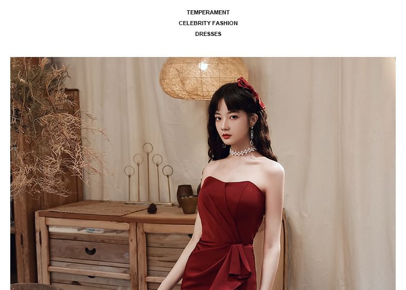 Strapless Asymmetrical Plain Ruffled Slit A-Line Evening Gown