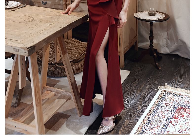 Strapless Asymmetrical Plain Ruffled Slit A-Line Evening Gown