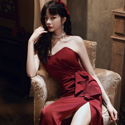 Strapless Asymmetrical Plain Ruffled Slit A-Line Evening Gown