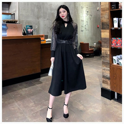 Puff-Sleeve Sequined Mesh Panel Keyhole A-Line Evening Gown