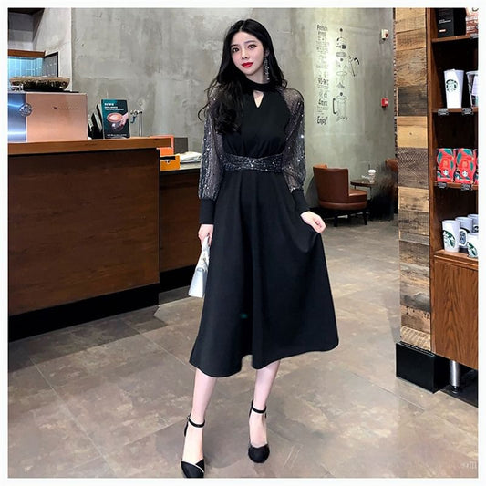 Puff-Sleeve Sequined Mesh Panel Keyhole A-Line Evening Gown