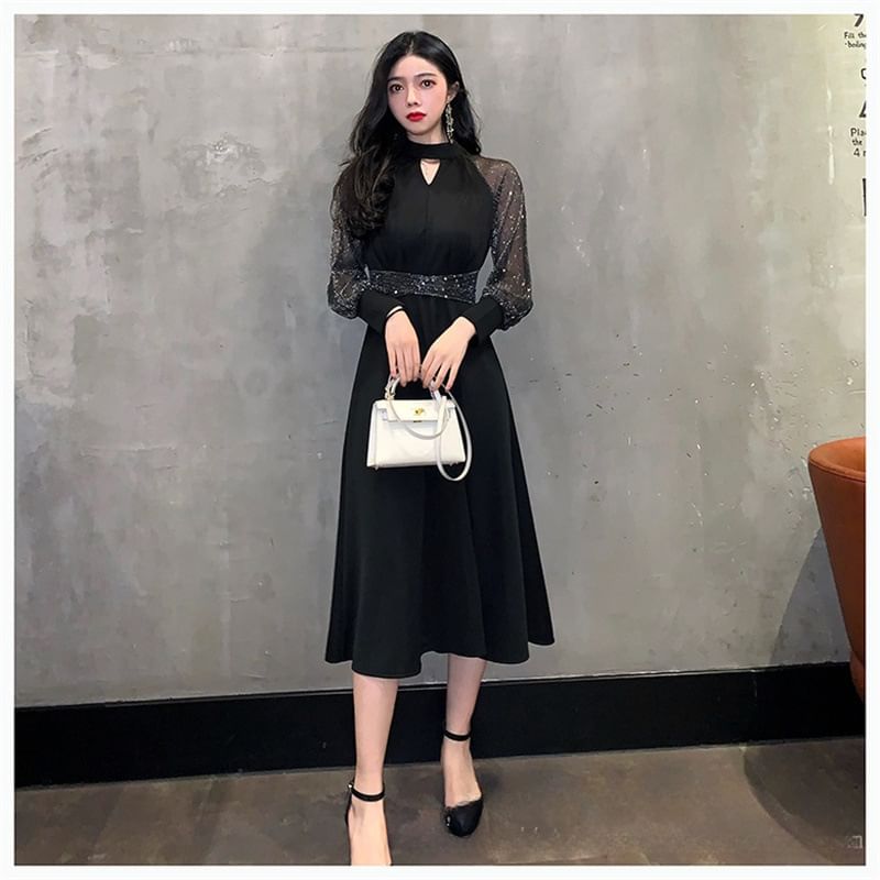 Puff-Sleeve Sequined Mesh Panel Keyhole A-Line Evening Gown