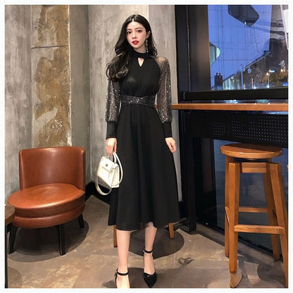 Puff-Sleeve Sequined Mesh Panel Keyhole A-Line Evening Gown