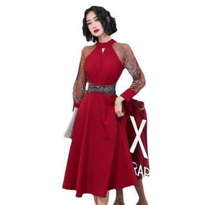 Puff-Sleeve Sequined Mesh Panel Keyhole A-Line Evening Gown