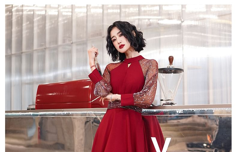 Puff-Sleeve Sequined Mesh Panel Keyhole A-Line Evening Gown