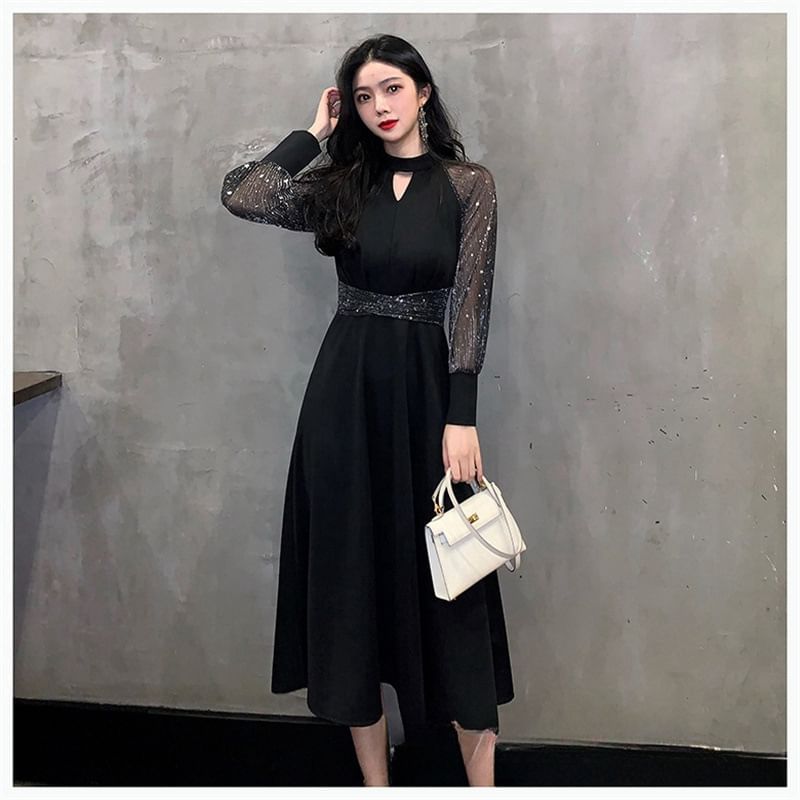 Puff-Sleeve Sequined Mesh Panel Keyhole A-Line Evening Gown