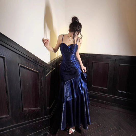 Spaghetti Strap Satin Ruffled Mermaid Evening Gown