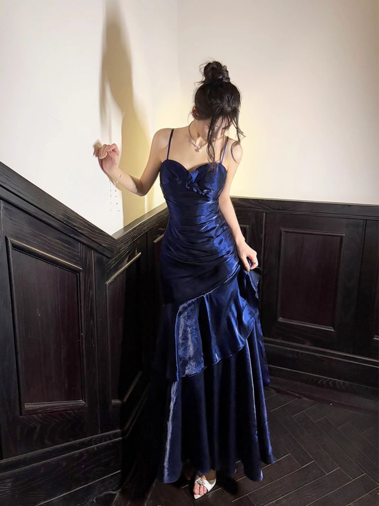 Spaghetti Strap Satin Ruffled Mermaid Evening Gown
