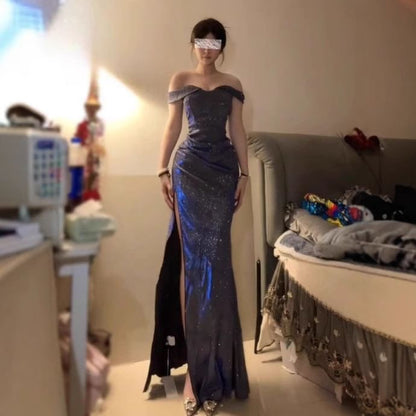 Off-Shoulder Glitter Shirred Slit Bodycon Evening Gown