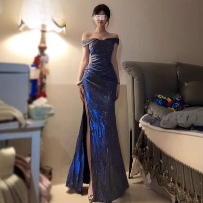 Off-Shoulder Glitter Shirred Slit Bodycon Evening Gown