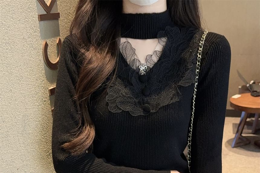 Ribbed Knit Mock Neck Lace Sweater