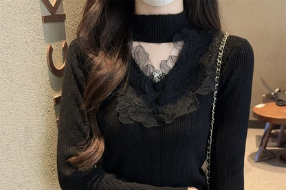 Ribbed Knit Mock Neck Lace Sweater