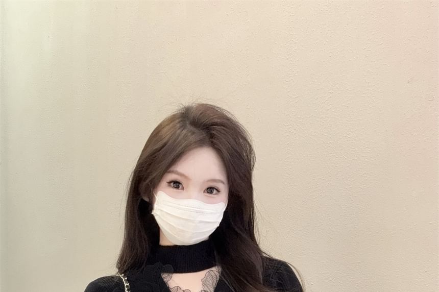 Ribbed Knit Mock Neck Lace Sweater