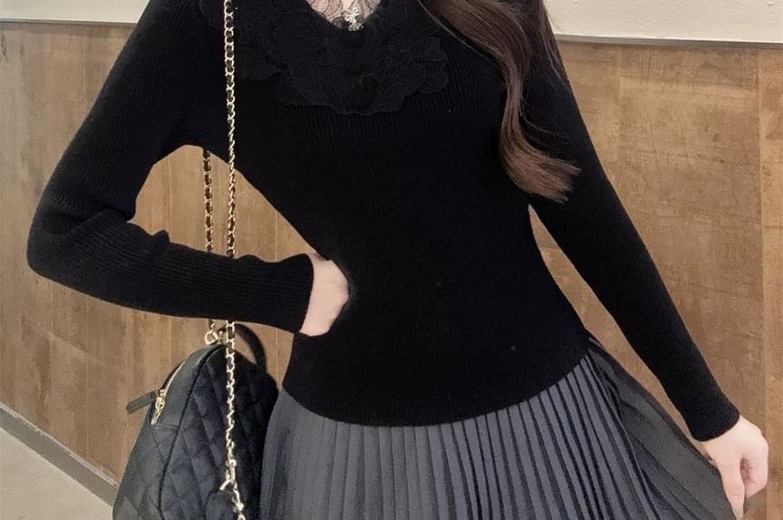 Ribbed Knit Mock Neck Lace Sweater