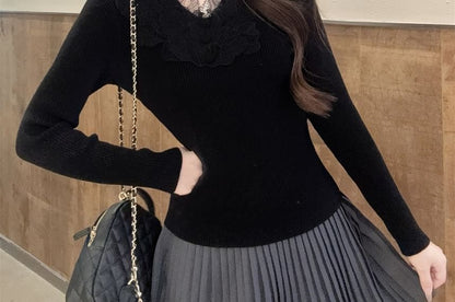 Ribbed Knit Mock Neck Lace Sweater