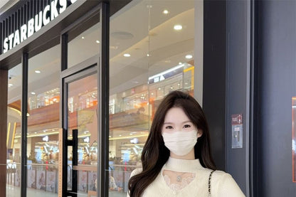 Ribbed Knit Mock Neck Lace Sweater