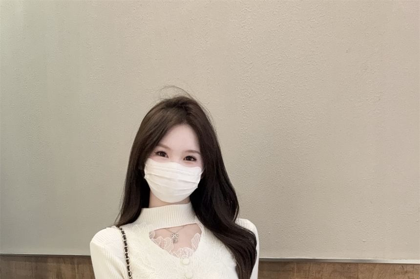 Ribbed Knit Mock Neck Lace Sweater
