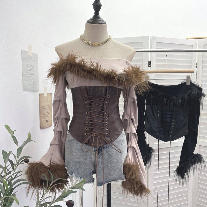 Off-Shoulder Faux Leather Crop Top with Fluffy Trim