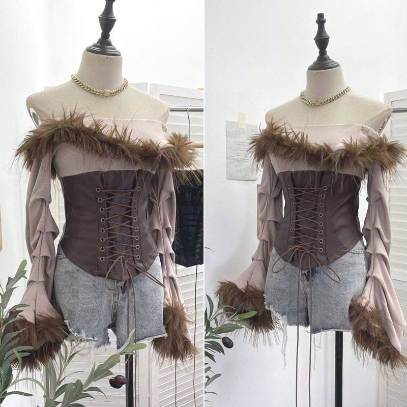 Off-Shoulder Faux Leather Crop Top with Fluffy Trim