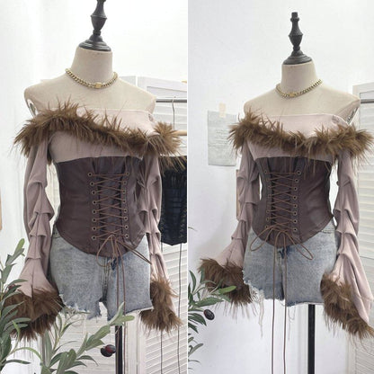 Off-Shoulder Faux Leather Crop Top with Fluffy Trim