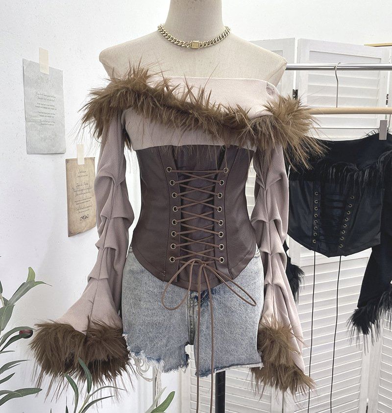 Off-Shoulder Faux Leather Crop Top with Fluffy Trim
