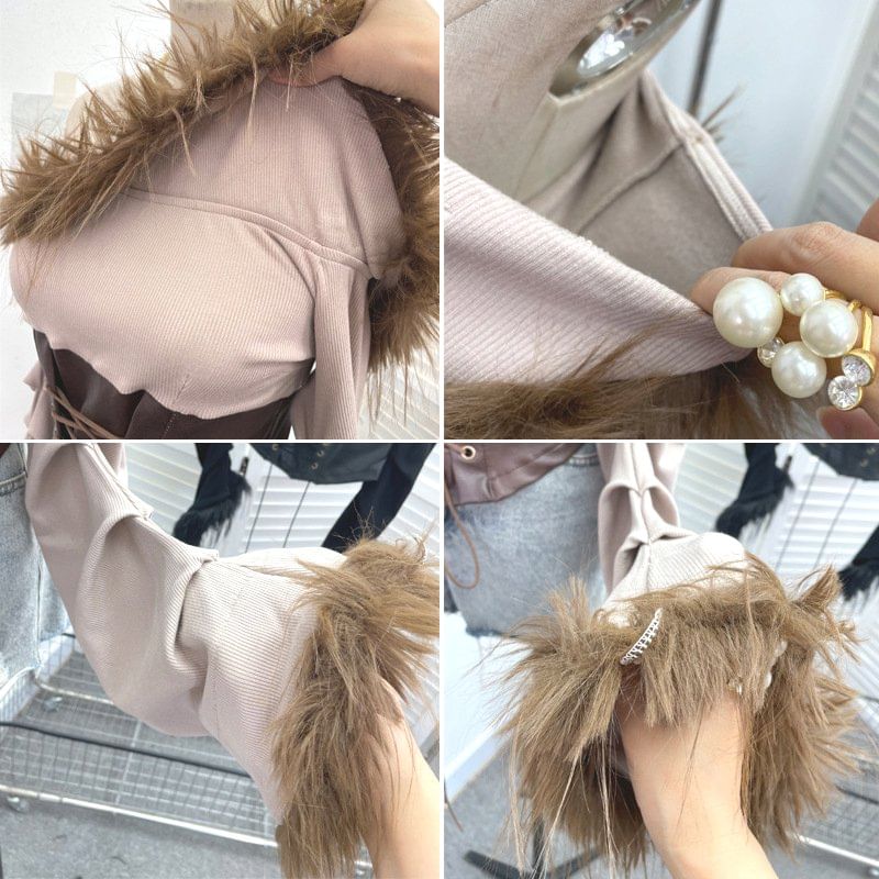 Off-Shoulder Faux Leather Crop Top with Fluffy Trim