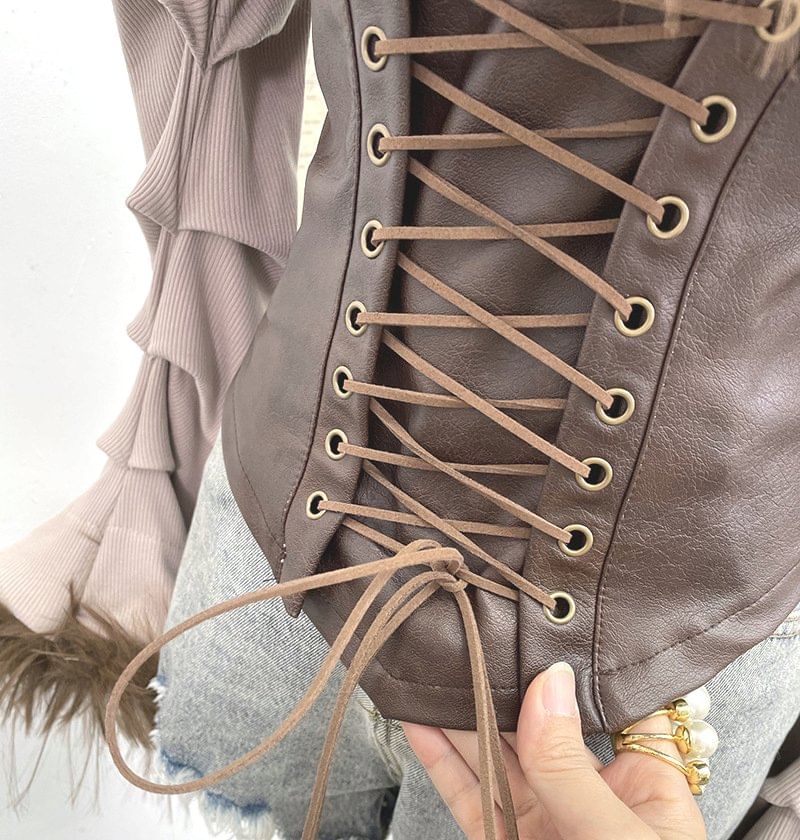 Off-Shoulder Faux Leather Crop Top with Fluffy Trim