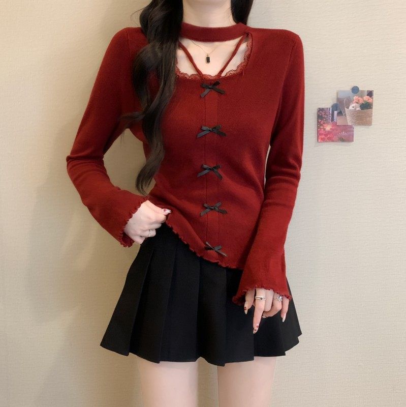 Extended Sleeve Square Neck Lace Trim Plain Blouse