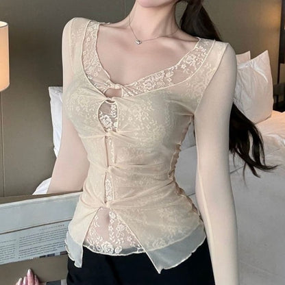 V-Neck Lace Crop Top with Twisted Cutout