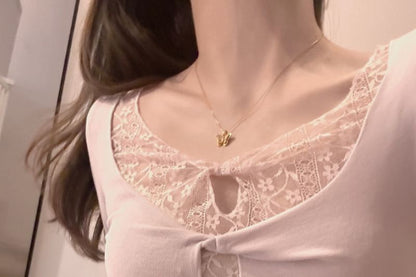 V-Neck Lace Crop Top with Twisted Cutout