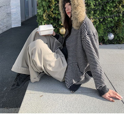 Striped Zip Hoodie in Faux Fur