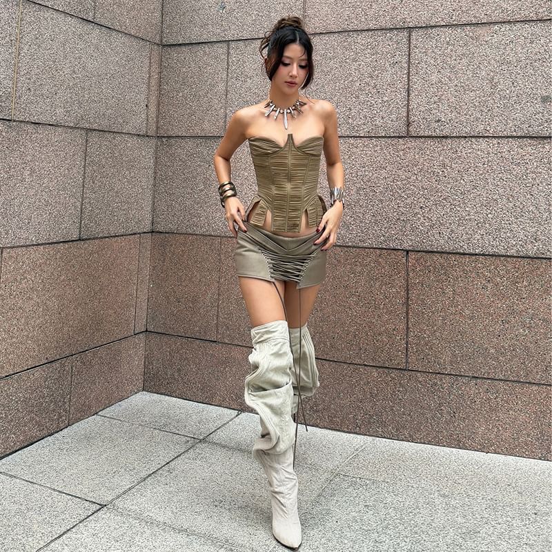 Asymmetric Tube Top & Lace-Up Hot Pants