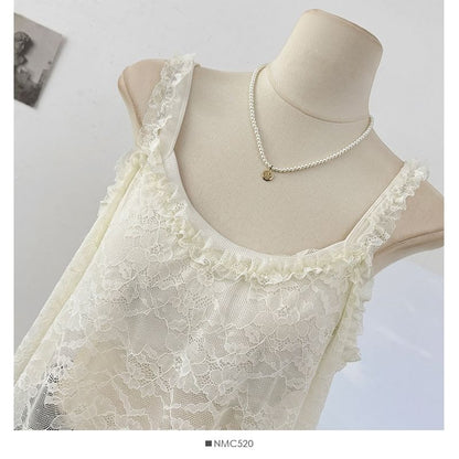 Scoop Neck See-Through Lace Tank