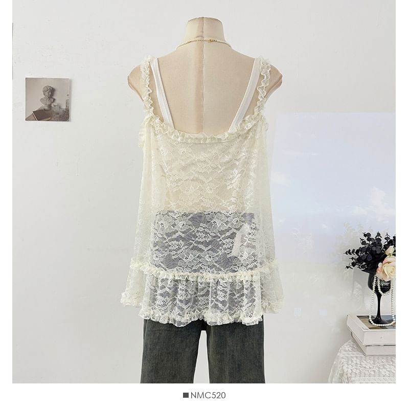 Scoop Neck See-Through Lace Tank