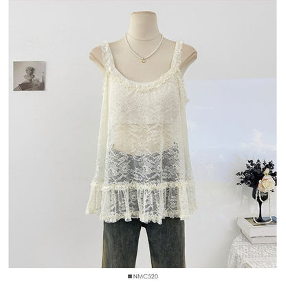 Scoop Neck See-Through Lace Tank