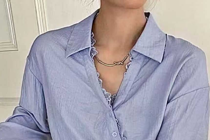 V-Neck Long Sleeve Lace-Trim Wrap Blouse