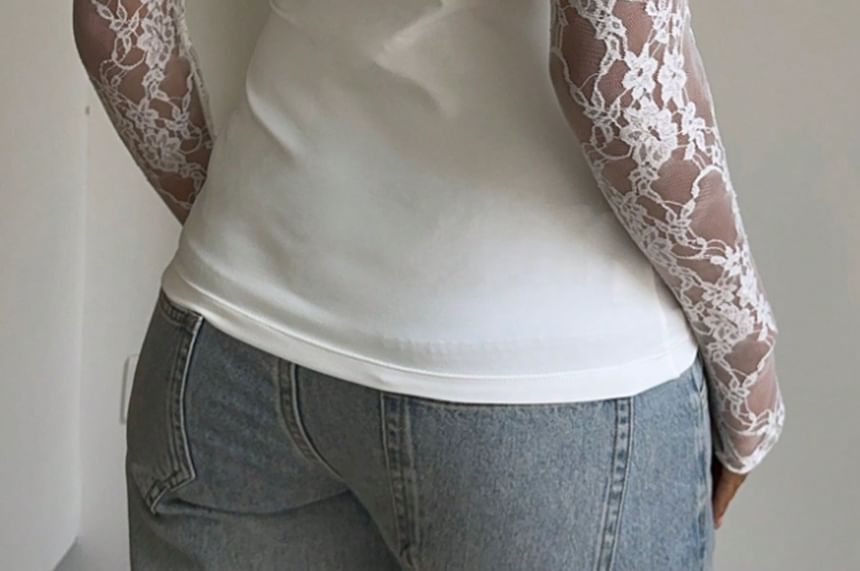 Mock Two Piece Lace Panel Slim-Fit Tee