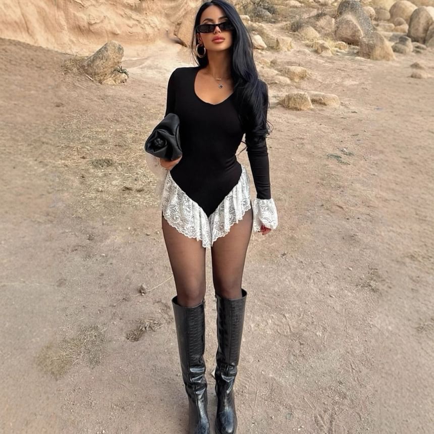 Bell Sleeve Ruffle Lace Bodysuit Top