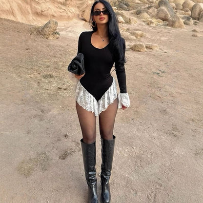 Bell Sleeve Ruffle Lace Bodysuit Top