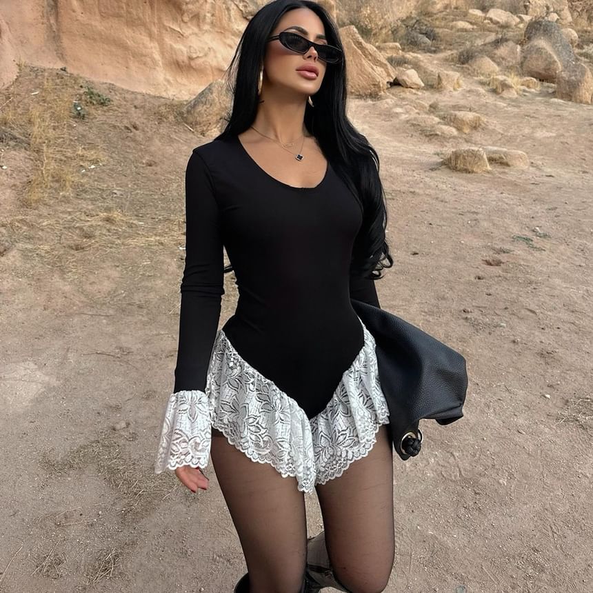 Bell Sleeve Ruffle Lace Bodysuit Top