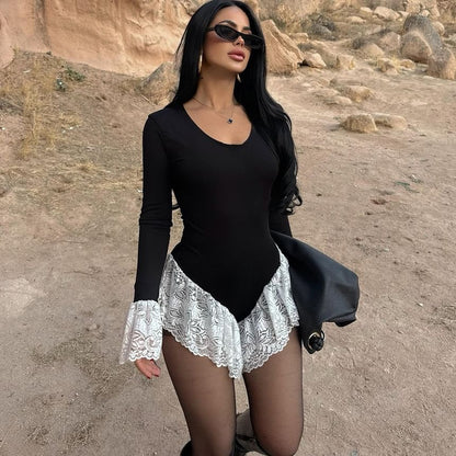 Bell Sleeve Ruffle Lace Bodysuit Top