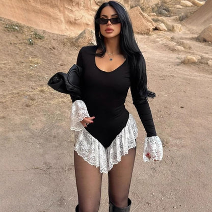 Bell Sleeve Ruffle Lace Bodysuit Top
